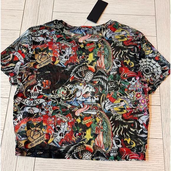 Ed Hardy NWT‎ sheer tattoo crop black & red short sleeve poly, rayon top. Sz L. - Picture 7 of 7